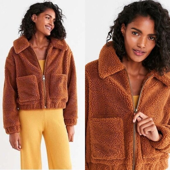 URBAN OUTFITTERS Teddy Cropped Jacket in Light Brown (Large) - Picture 13 of 13